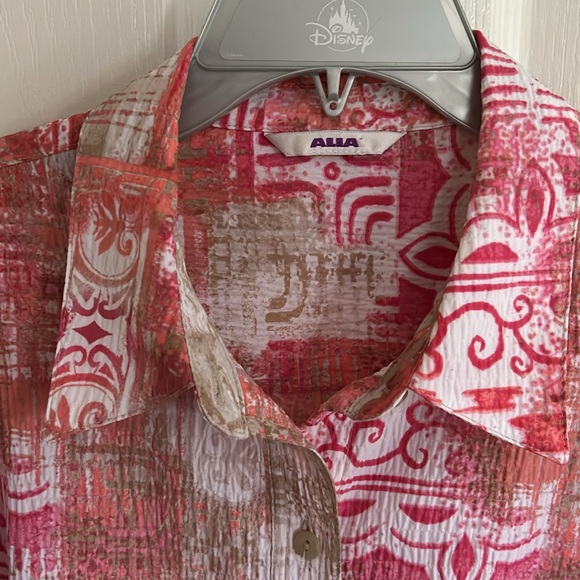 Alia Womens size 14 long sleeved Blouse. Oranges, pinks, white beige. - Picture 2 of 5